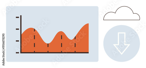 Data analysis, cloud technology, file storage, business solutions, statistics, information sharing. Line graph with orange peaks, cloud symbol and downward arrow. Data analysis and cloud technology