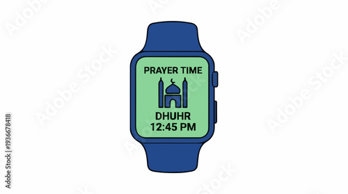 Blue digital smartwatch displays prayer time Dhuhr 1245 PM with mosque icon on green screen against white background