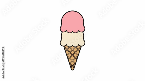 Three Scoop Ice Cream Cone Strawberry Vanilla Flavors Pink and Cream Colors in Waffle Cone White Background