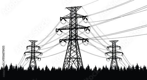 High voltage electricity transmission towers and power lines over forest silhouette, energy infrastructure grid, industrial utility pylons carrying electric power across landscape at sunset