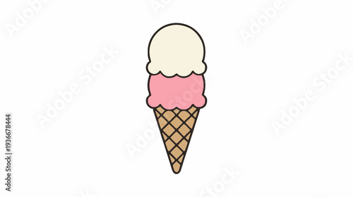 Two scoop ice cream cone with vanilla and strawberry flavors in a waffle cone on a white background