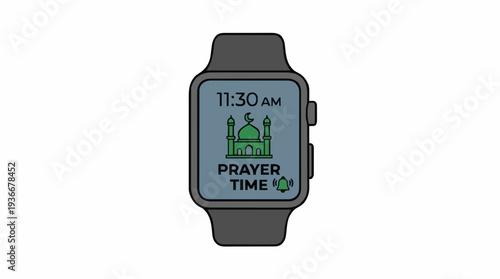 Smartwatch displaying Islamic prayer time with mosque icon and clock face in a minimalist design on a white background