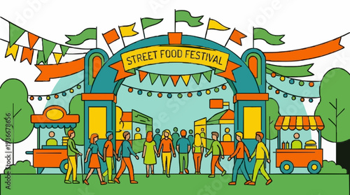 Vibrant Street Fair Festival Entrance With Colorful Flags Crowd And Booths Illustration Style