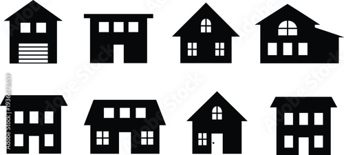 House and home building silhouettes collection with residential property icons, real estate architecture symbols for housing, construction and urban living isolated