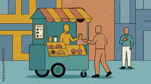 Customer buys coffee from a street food cart on a city street with a man waiting in the background illustration style