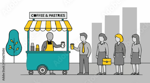 People Queueing For Coffee And Pastries From A Street Cart With A City Skyline In The Background