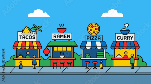Colorful pixel art food stalls with tacos ramen pizza and curry set against a blue sky with clouds and green foliage on a sidewalk