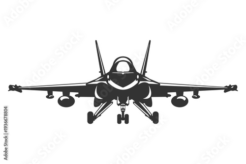 Front-facing profile T50 golden eagle combat jet in bold silhouette. Monochrome black and white plane vector illustrations with minimalist lines.