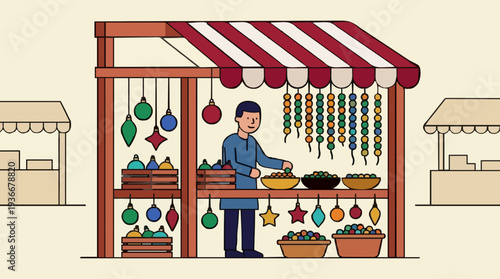 Pixel Art Market Stall Displaying Colorful Trinkets and Ornaments Under a Striped Awning with a Vendor Arranging Goods
