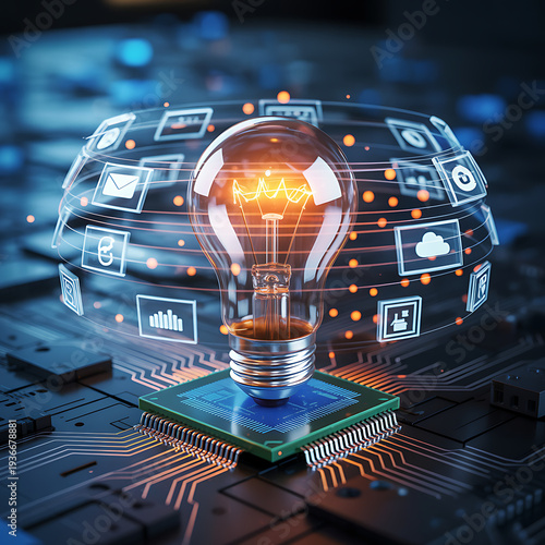 Innovative technology concept with glowing light bulb on circuit board