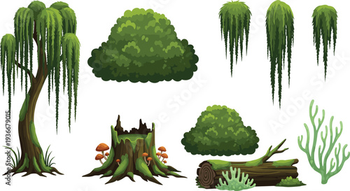 Vector collection of forest nature elements, willow tree, mossy stump with mushrooms, green bushes, and fallen log for woodland landscape design, comma.