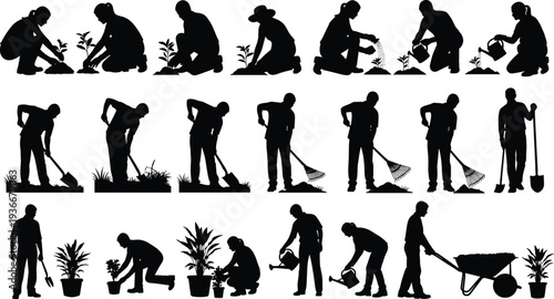Gardening and landscaping worker silhouettes set showing planting, watering, digging soil, raking leaves and pushing wheelbarrow, garden maintenance activities isolated on white background