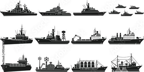 Ship and boat silhouette vector set featuring cargo vessels, navy warships, fishing boats, tanker ships and yachts, maritime transport icons collection for logistics, shipping industry and nautical 
