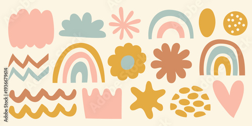 Abstract colorful shapes and forms arranged on a pale background