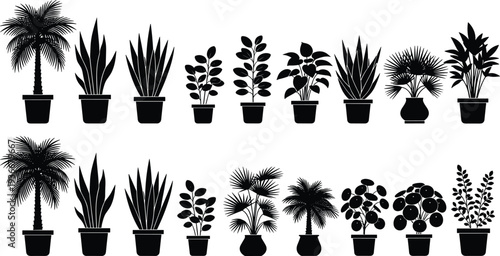 Vector set of indoor potted plant silhouettes, diverse houseplant collection with palms and succulents for home decor and interior design, comma.