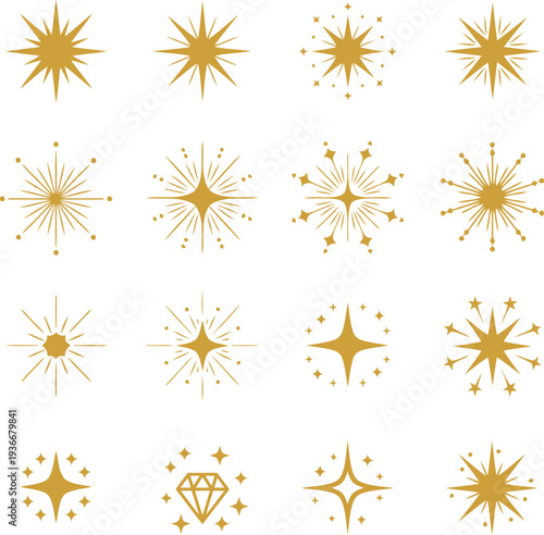 A collection of golden abstract starbursts and glittering sparkle elements perfect for decorative designs and celebrations