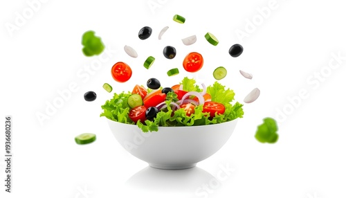 A vibrant salad with fresh vegetables and fruits in a white bowl on a clean background
