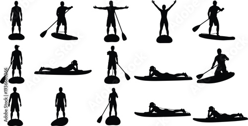 Stand up paddle boarding silhouettes collection with people paddling, balancing and lying on SUP board, water sport activity isolated on white background vector set