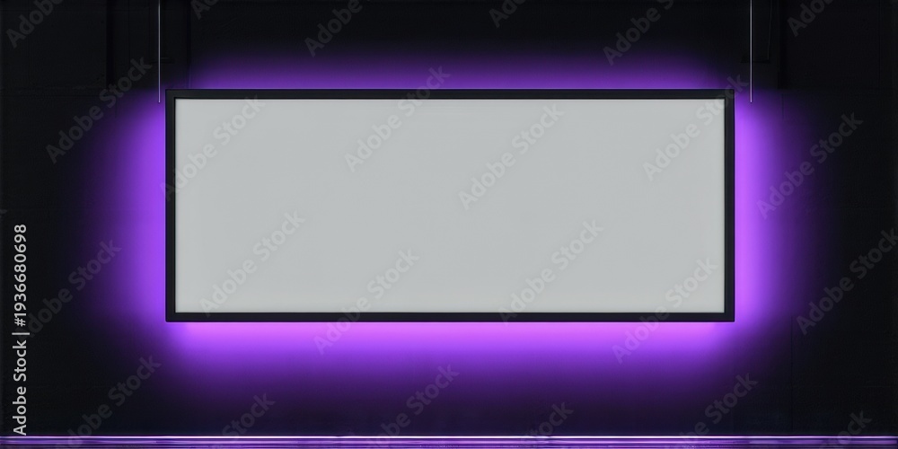 Fototapeta premium Blank screen dominates dark room. Purple lighting surrounds display, creating dramatic effect. Minimalist setup focuses viewer attention.
