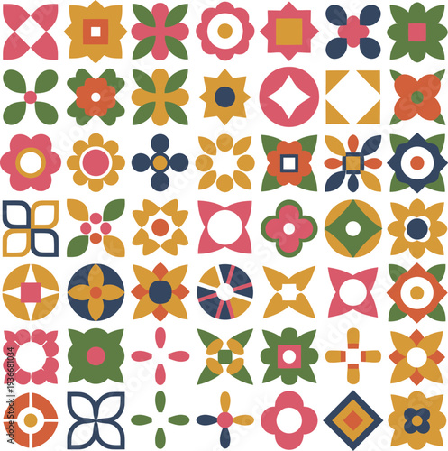Colorful array of decorative geometric flower and abstract ornamental shapes for design projects