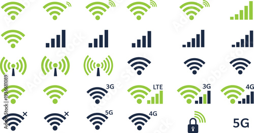 Wireless network signal icons collection with WiFi symbols, mobile connectivity indicators, antenna transmission graphics, 3G 4G 5G LTE internet technology signs for apps, UI design, infographic 