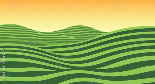 Wavy green hills landscape with yellow sunset background natural scenery with rolling hills and vibrant colors