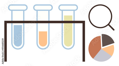 Scientific research, data analysis, lab testing, experimentation, diagnostics, educational material. Three test tubes in a rack, a magnifying glass and a pie chart. Research and data analysis