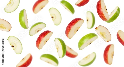 Wallpaper Mural Several apple slices float in mid-air against a white background. The apple slices are a mix of red and green, and they appear to be falling or suspended in the air. Torontodigital.ca