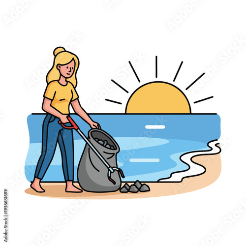 A woman cleans the beach at sunrise, picking up trash into a bag on the sandy shore