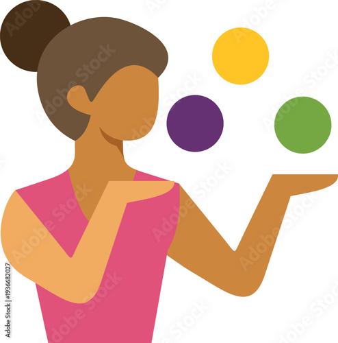 Woman juggling three colorful balls, representing balance, skill, and managing multiple tasks