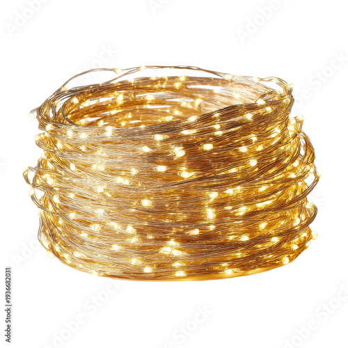 Warm white LED fairy string lights coil, golden copper wire garland for holiday decor, cozy festive lighting png isolated on Transparent Background