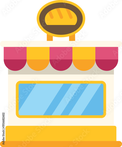 Bakery shop building with awning and bread sign representing a retail store