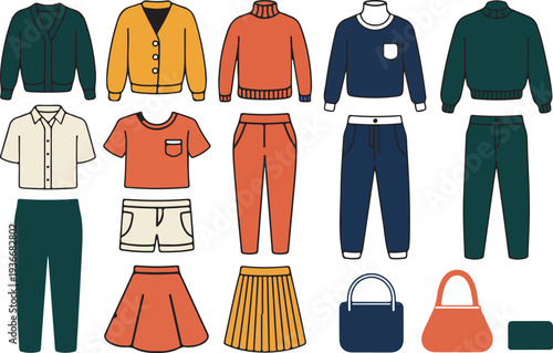 Colorful collection of various casual clothing apparel and accessories displayed neatly on a bright white background