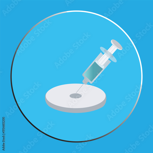 3D Isometric Illustration of a Medical Syringe with Liquid Injection in a Blue Circle.
