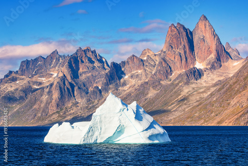 Icebergs and mountains of Prince Christian Sound. Southern Greenland.