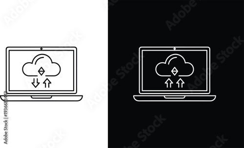 Laptop Computer with Cloud Computing Icon and Upload Download Arrows Representing Digital Data Storage, Remote Server Backup, Information Technology, and Wireless Network Connectivity