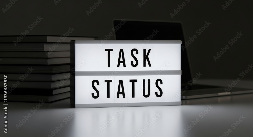 Fototapeta premium Task Status Lightbox on Desk with Laptop for Project Management Concept