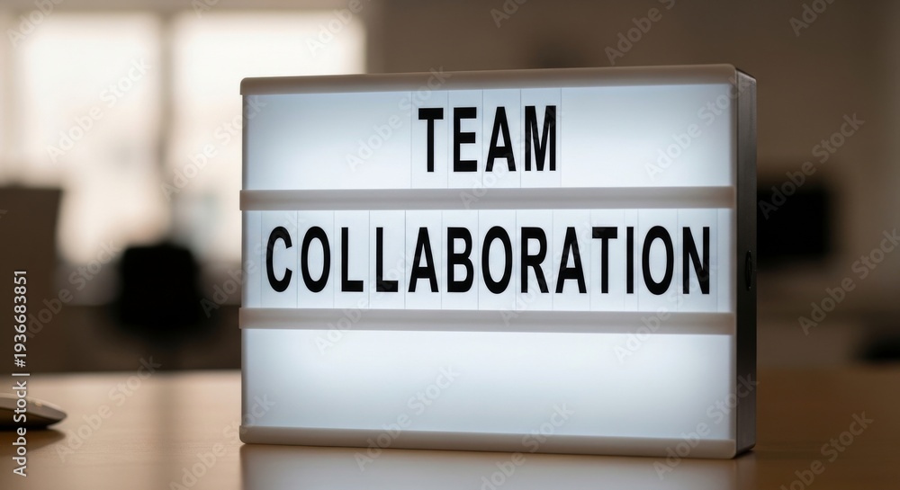 Fototapeta premium Team Collaboration Lightbox Sign in Bright Modern Office Workspace