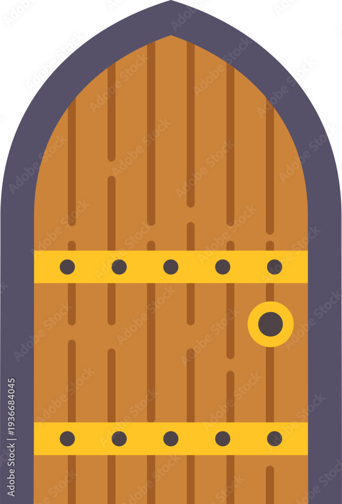 Naklejka premium Medieval wooden door with iron hinges and a golden knob