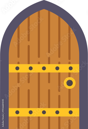 Medieval wooden door with iron hinges and a golden knob
