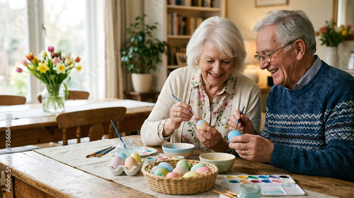 Senior Couple Painting Easter Eggs at Home