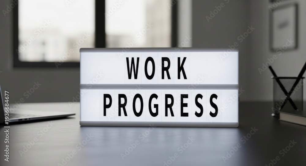 Fototapeta premium Work In Progress Sign on Desk in Modern Office, Business Concept