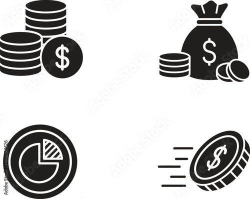 Financial Icons: Coins, Money Bag, Pie Chart, and Fast Coin for Investment and Growth Concepts