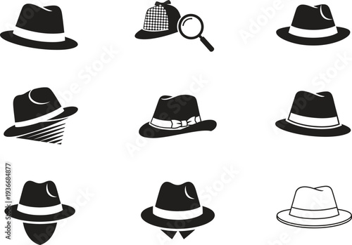 Set of Detective and Fedora Hat Icons with Magnifying Glass