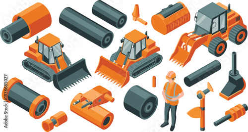 Isometric construction machinery parts and bulldozer equipment set with loader worker rollers and heavy engineering tools illustration collection