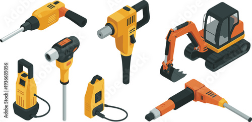 Isometric construction power tools and excavator machine set with jackhammer drill grinder and industrial equipment illustration collection