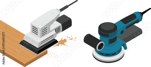 Isometric electric wood sander and orbital sanding machine tools for carpentry woodworking surface finishing and furniture polishing illustration