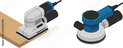 Isometric electric wood sanders set with orbital and finishing sanding machines for carpentry woodworking furniture polishing illustration