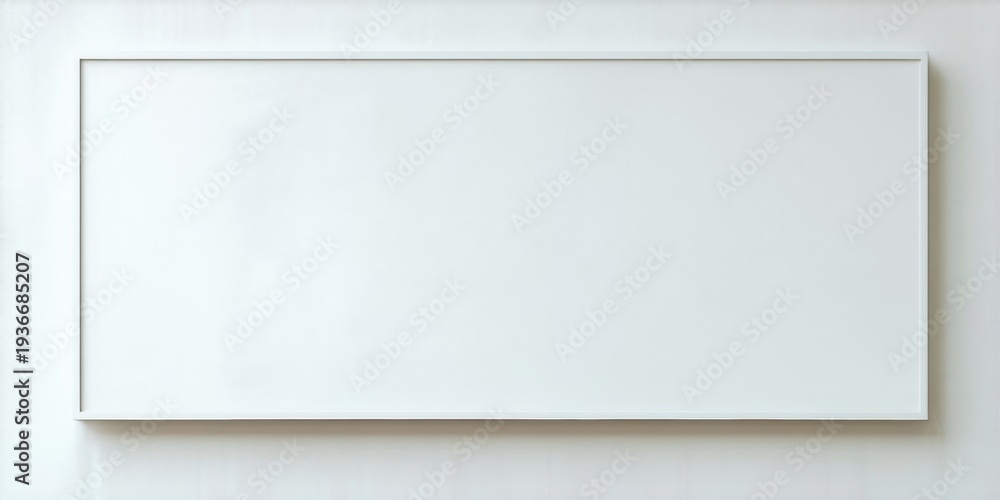 Obraz premium Rectangular white frame hangs centered on light wall. Minimalist design, clean lines, simple presentation. Blank canvas offers potential.