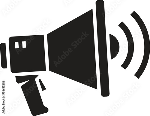 Black Megaphone Icon with Sound Waves, Symbolizing Announcement and Communication